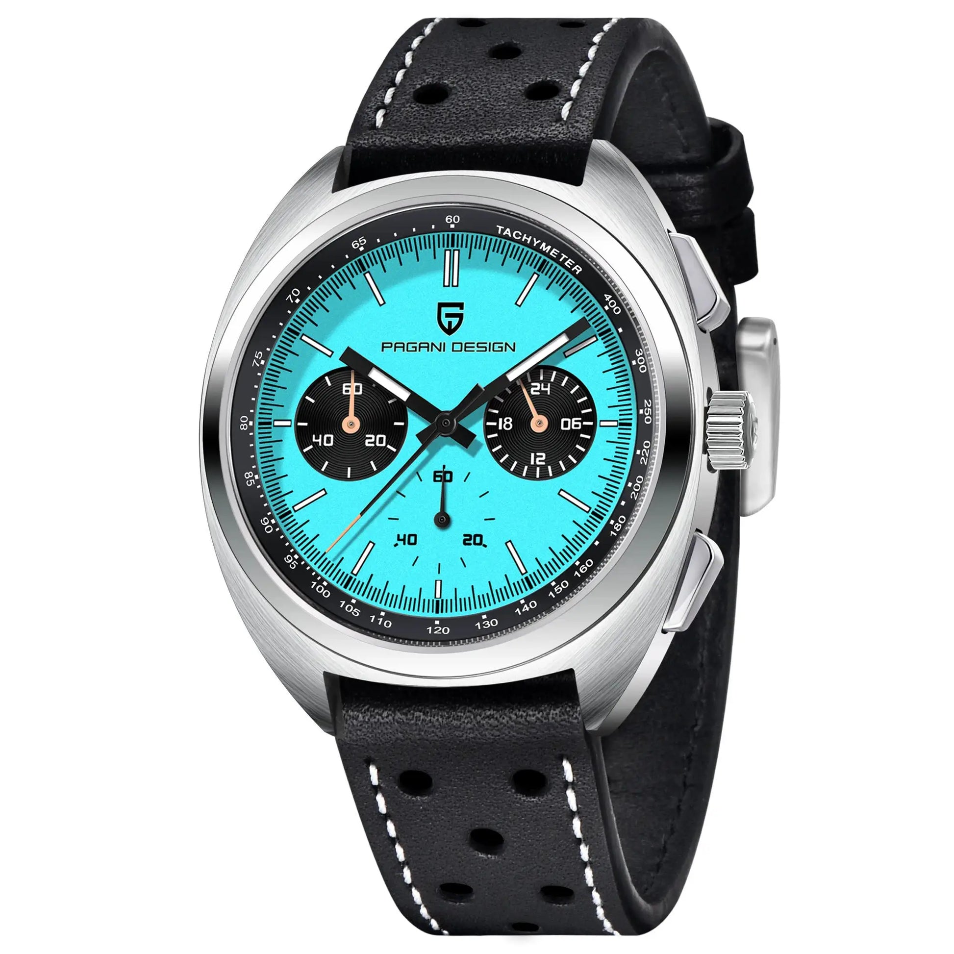 PAGANI DESIGN men's chronograph watch with turquoise dial, black subdials, sapphire glass, perforated leather strap.