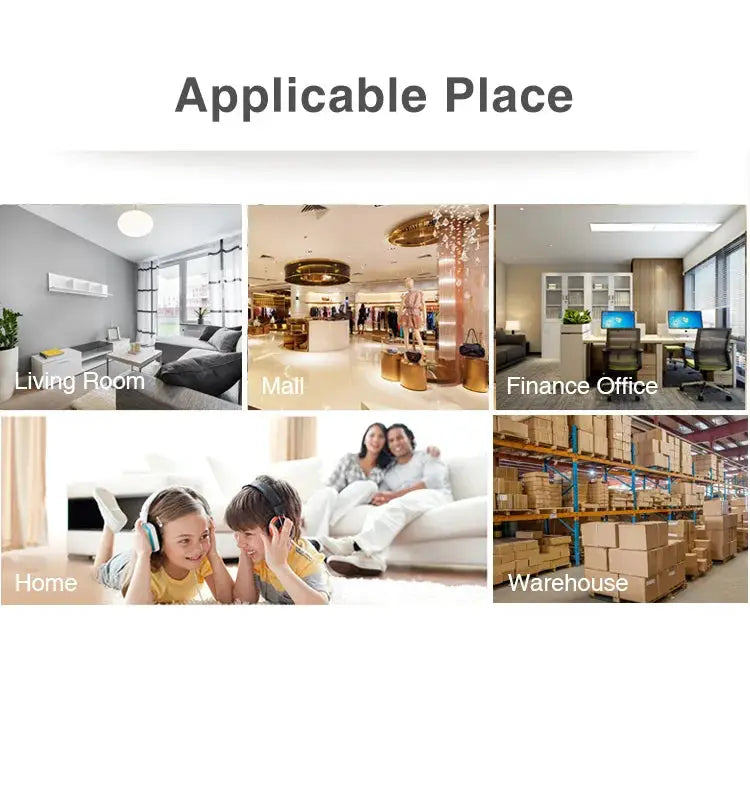 Simples Market Tuya WiFi PIR motion sensor collage shows applicable places: Living Room, Mall, Finance Office, Home, Warehouse