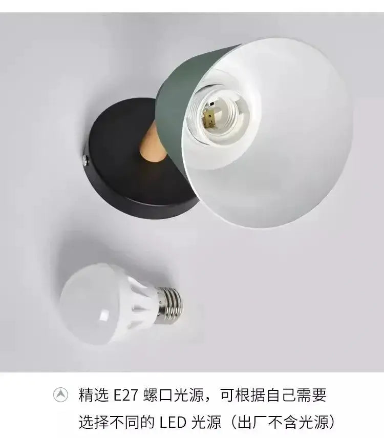 Nordic wall lamp with solid wood accent, black mount and round white shade, E27 screw-base (bulb not included)