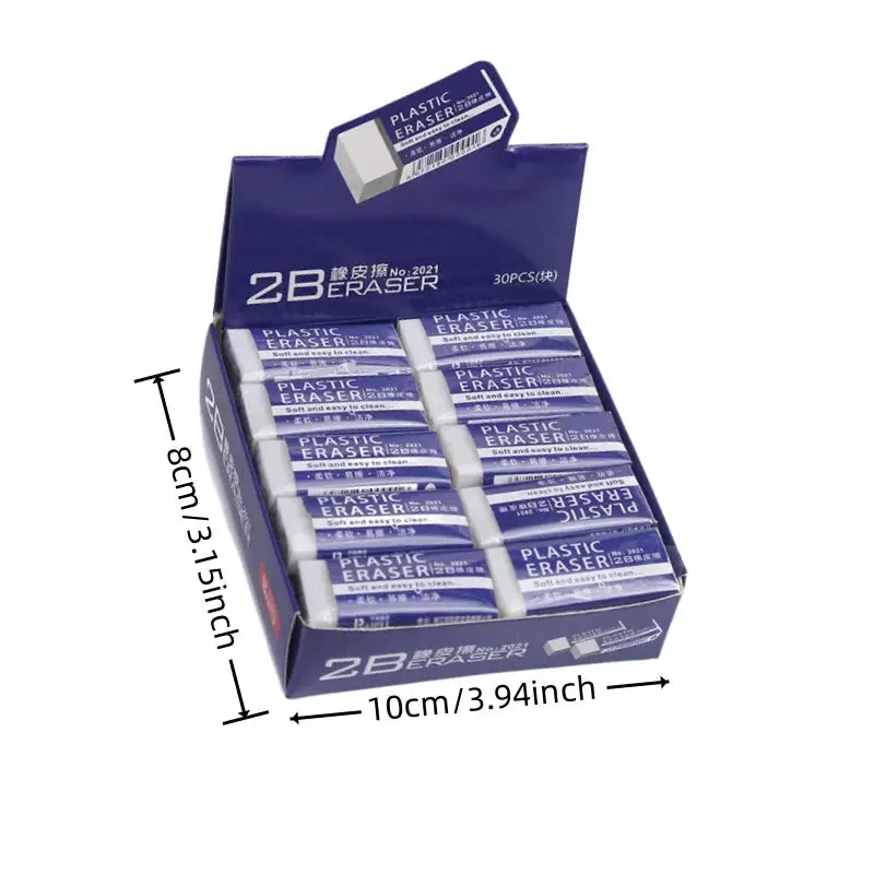 2B eraser pack by Simples Market, blue plastic school erasers, 30 pieces in display box