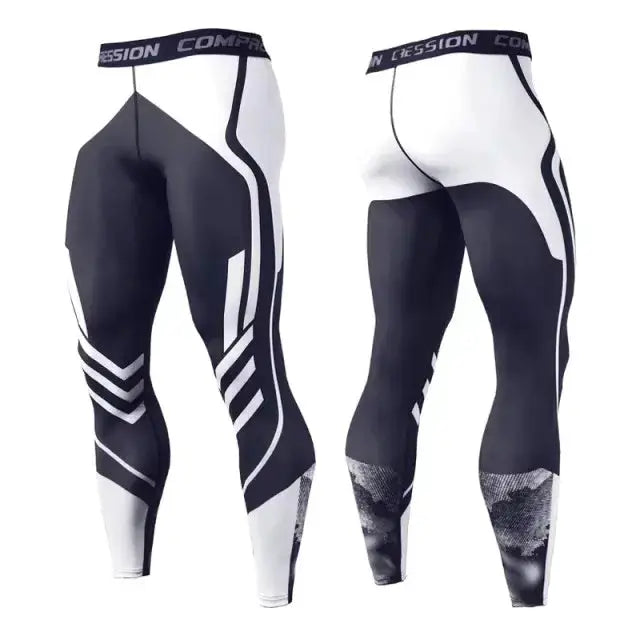 Men's compression pants by Simples Market, black and white gym leggings with geometric panels (front & back views)