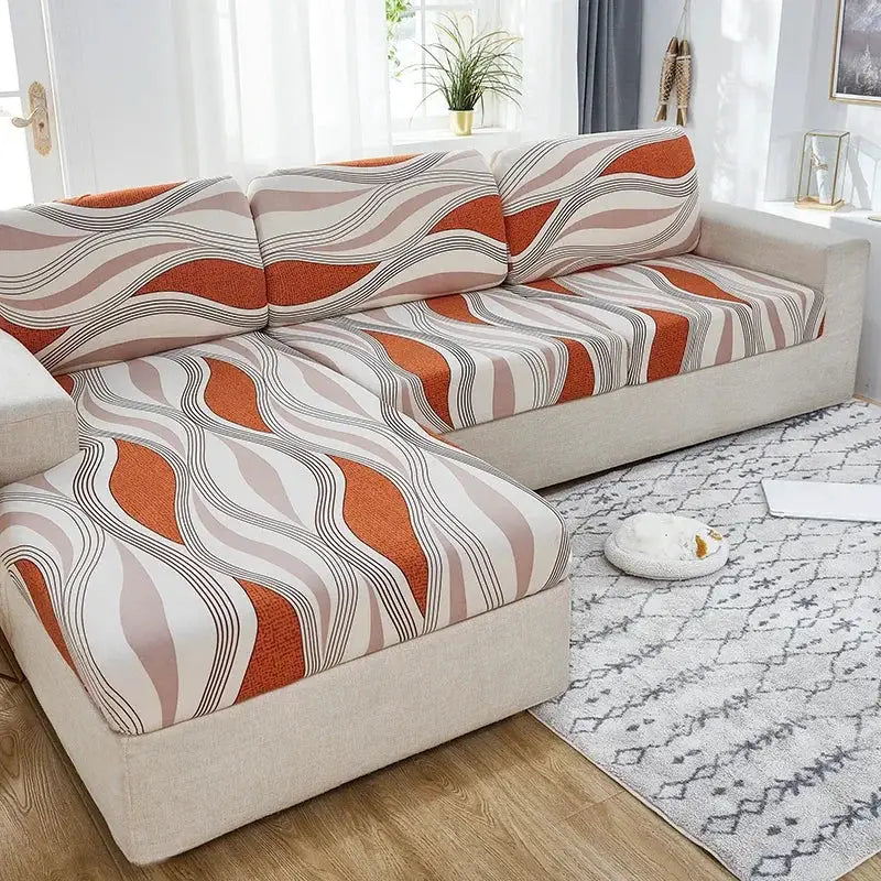 1-piece elastic seat cushion cover for living room sofa in orange beige wavy pattern; washable and removable slipcover.