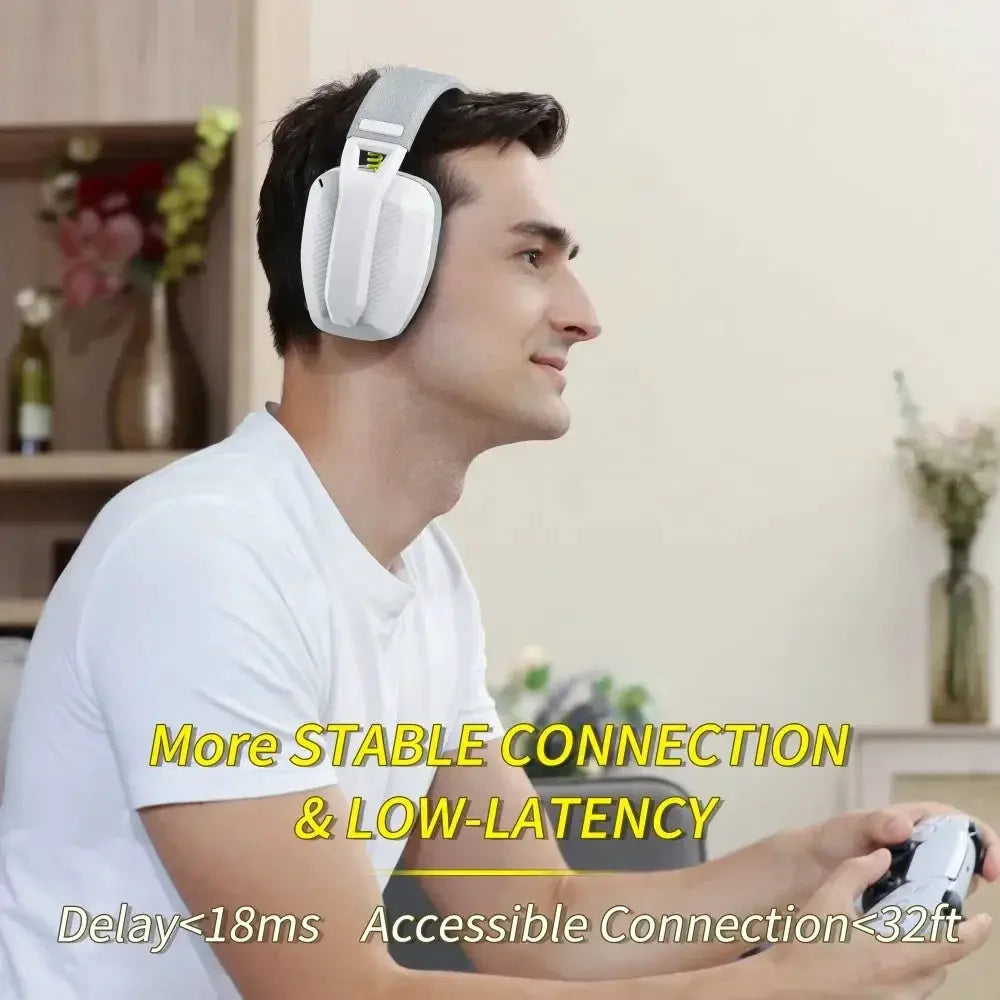 BINNUNE BW06 wireless gaming headset with mic in white, over-ear gaming headphones