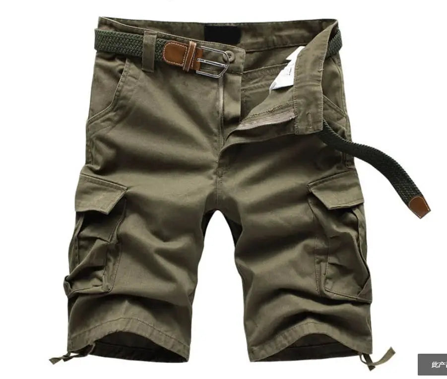 Men's olive green cargo shorts with belt and multiple pockets, knee-length Bermuda style.