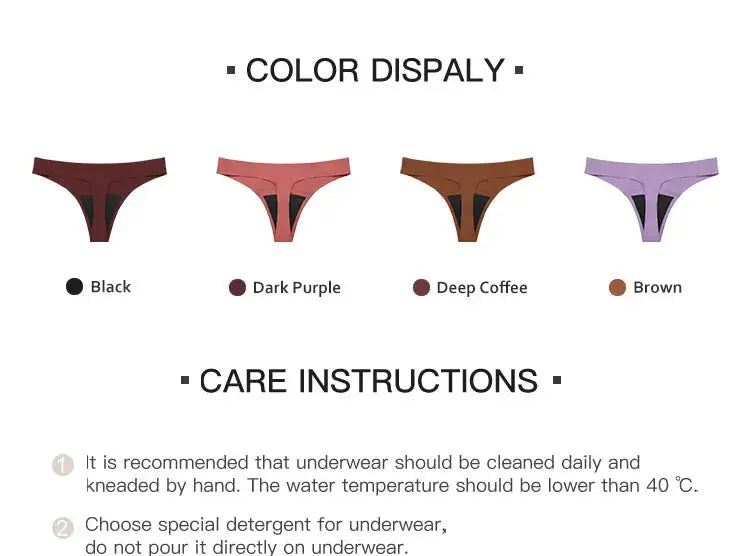 Simples Market 4-color seamless low-waist menstrual panties set, thong-style in Black, Dark Purple, Deep Coffee, Brown