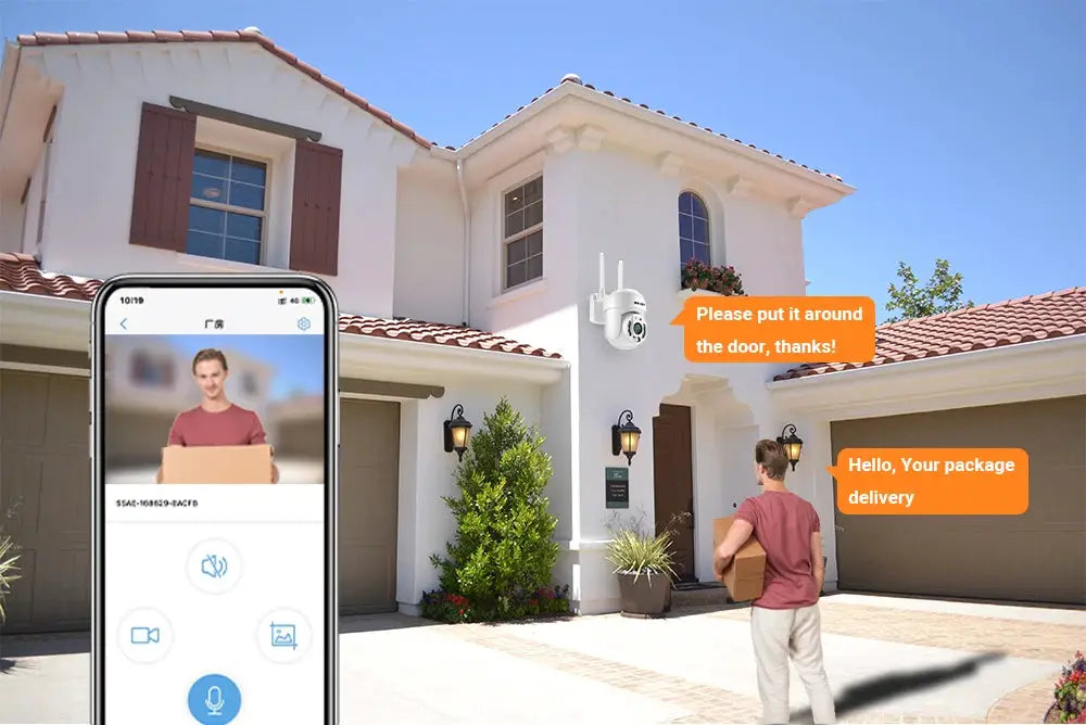 4MP PTZ WiFi outdoor IP camera with 4x digital zoom mounted on a white house, shown with a smartphone app live view