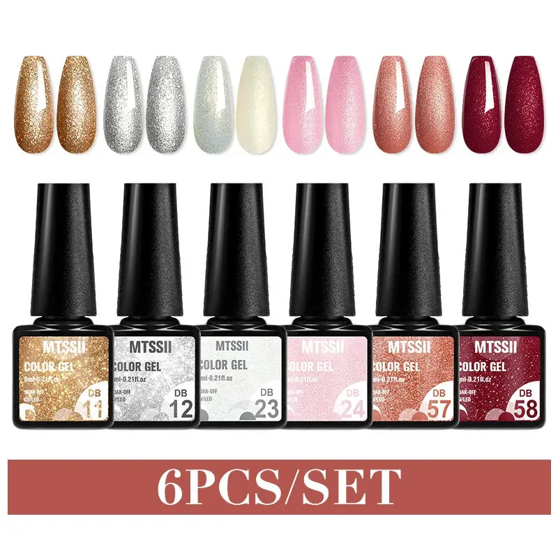 Gel nail polish set, 6-piece with glitter color shades