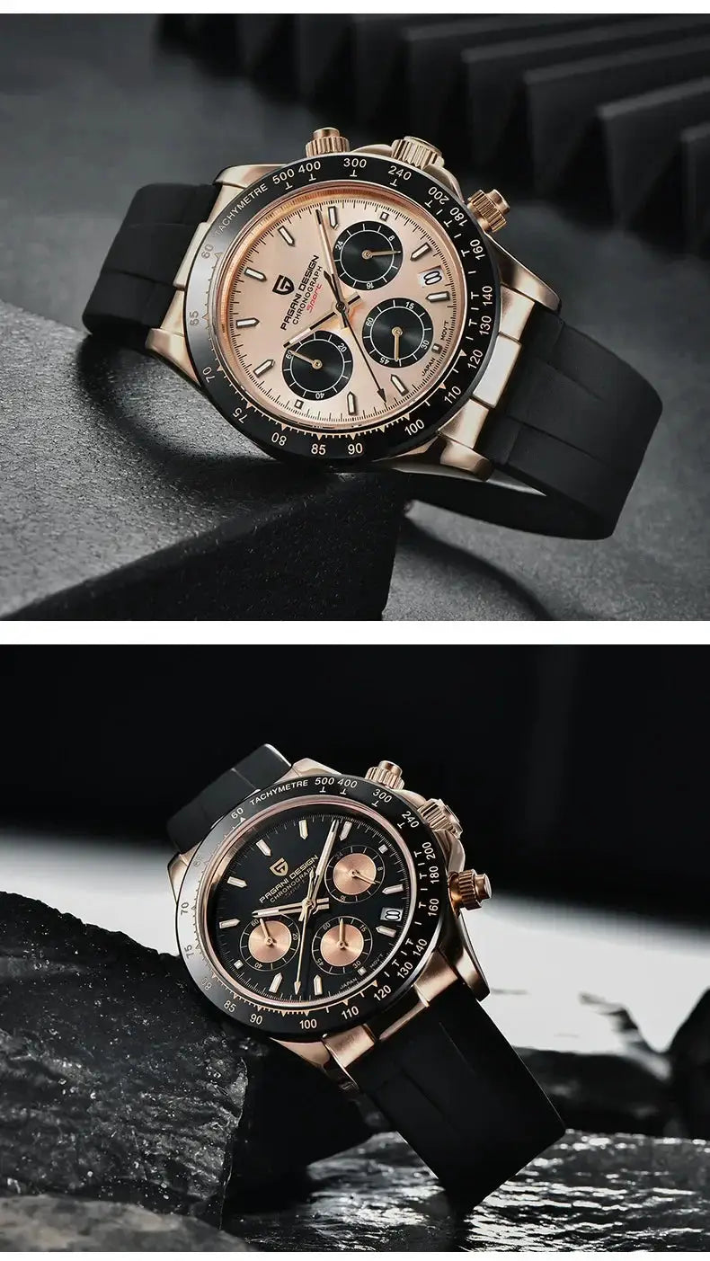 Pagani Design 40mm V2 chronograph watches; two models with sky-blue dial and black dial, rose-gold cases, silicone straps