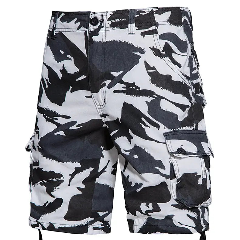 Men's camouflage cargo shorts, gray-black camo, cotton, loose fit with side pockets