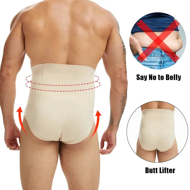 Miss Moly men's high-waist shapewear shorts in beige with double-layer tummy control and butt lifter; breathable.