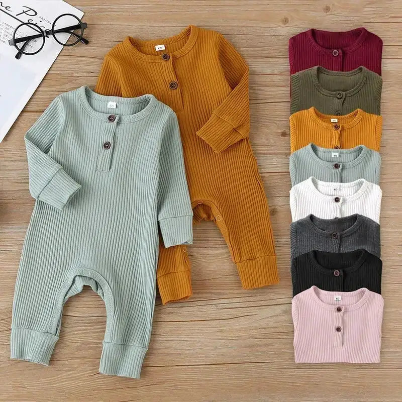 Spring Autumn Newborn Unisex Baby Long Sleeve Rib Cotton Romper Playsuit Jumpsuit O Neck Solid Color
