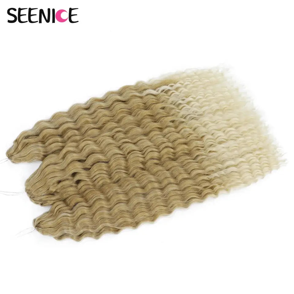 Ariel curl water-wave crochet hair extensions in blonde ombre; synthetic crochet braids, SEENICE watermark