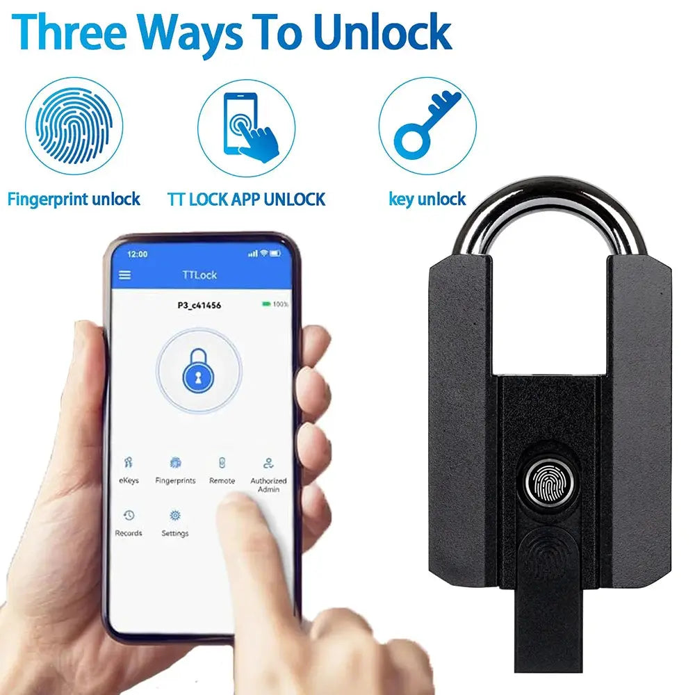 BBDHOME smart padlock with TTLock app control, fingerprint unlock, black outdoor biometric lock