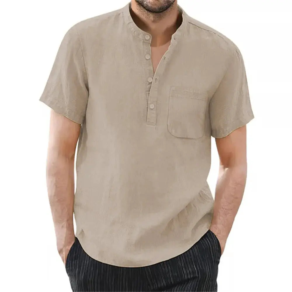 Men's Short Sleeve T Shirt Cotton Linen Blend Breathable Casual Solid Color Summer Shirt