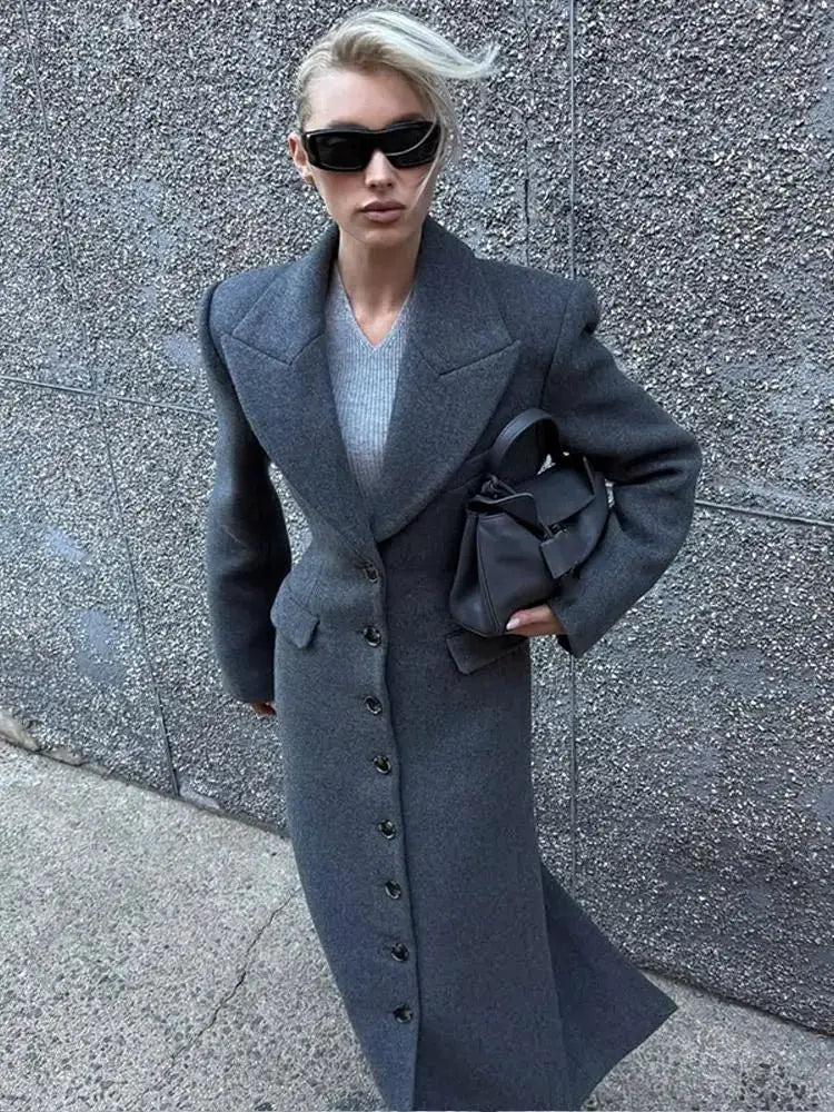 UrbanEdge Belted Long Coat With Slim V Neck And Shoulder Pads For Winter Comfort And Flattering Silhouette