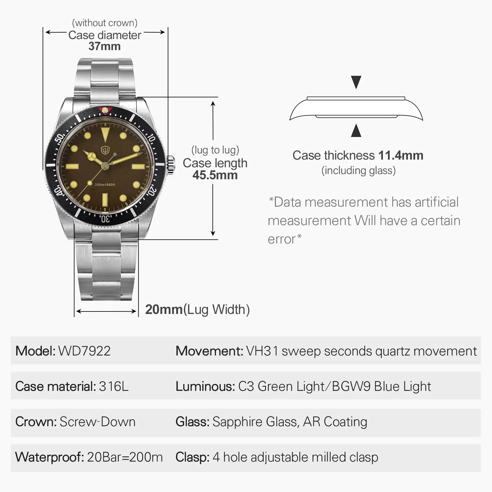 Watchdives WD7922 BB54 diver watch by Simples Market; stainless steel bracelet, brown dial, black bezel