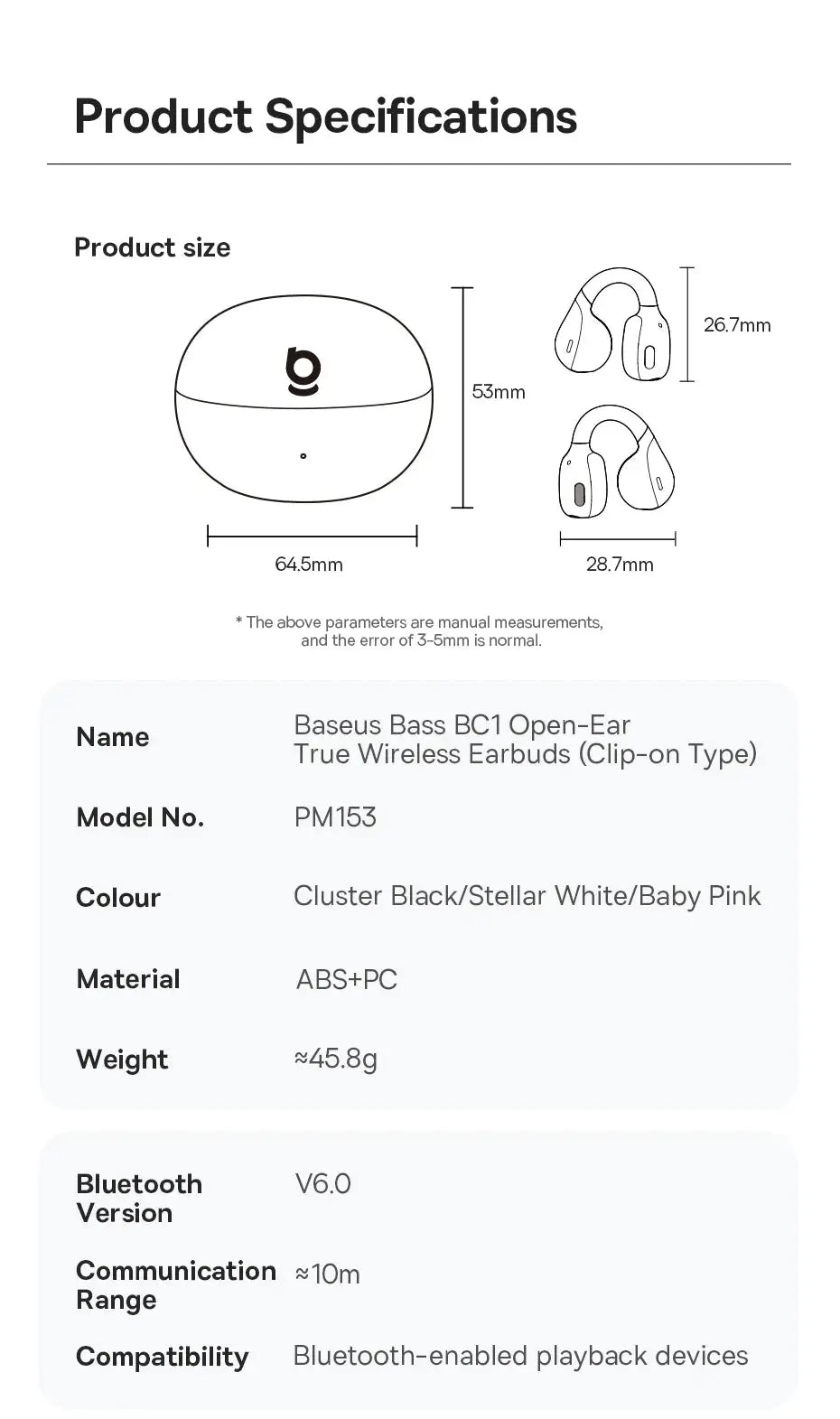 Baseus BC1 Open-Ear Wireless Earbuds in charging case; logo visible on case; color options shown