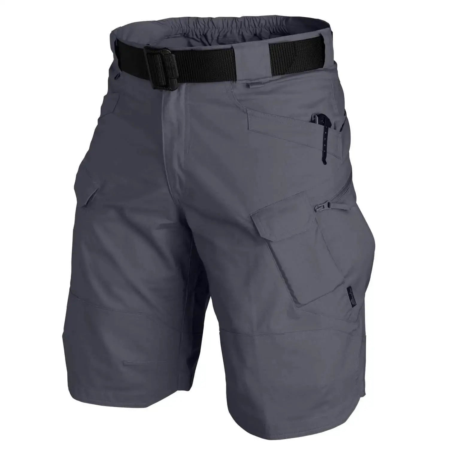 Mens cargo tactical shorts in gray with belt and multiple pockets for outdoor use