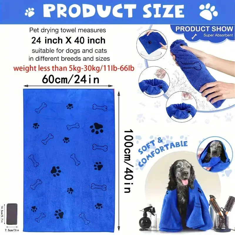 Simples Market blue microfiber dog towel, medium 60x100 cm, quick-drying absorbent pet bath towel.