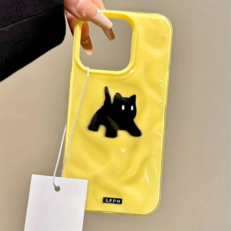 Yellow cat-themed shockproof iPhone case with black cat silhouette and LFPh tag