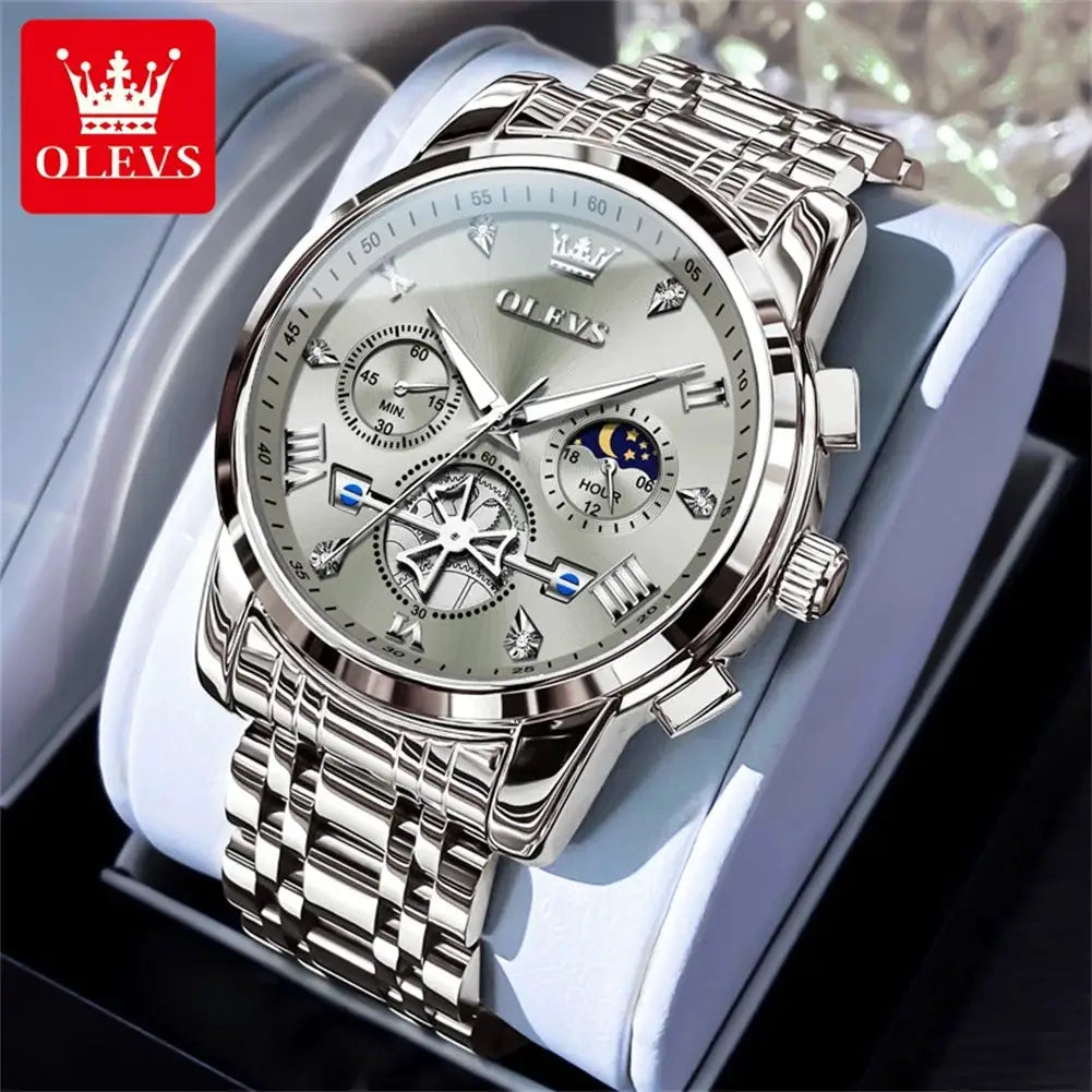 OLEVS men's luxury stainless steel watch with moon-phase subdial, Roman numerals, crystal markers