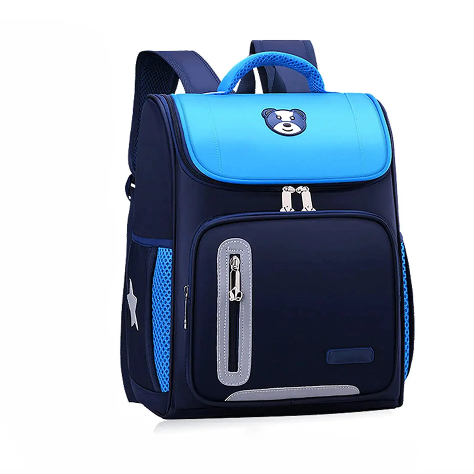 School backpack by Simples Market for kids, navy body with bright blue flap, bear logo, reflective accents