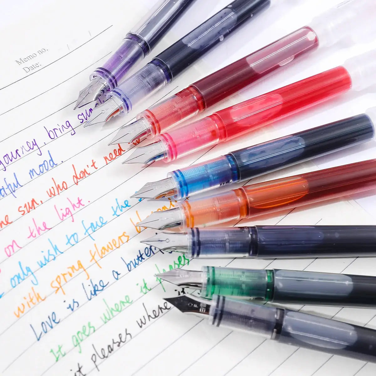 Disposable fountain pens set, 9 colorful translucent barrels with multi-color ink