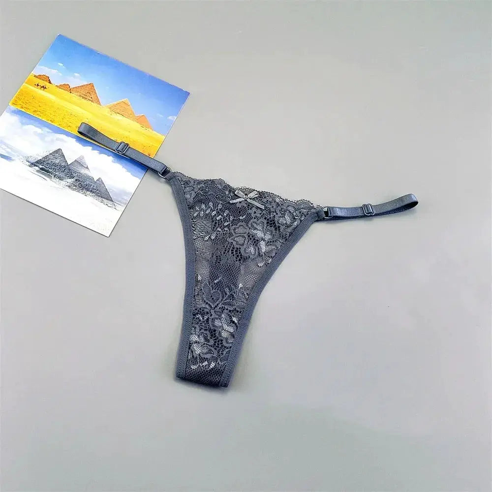 Gray lace thong underwear with adjustable side straps and T-back design