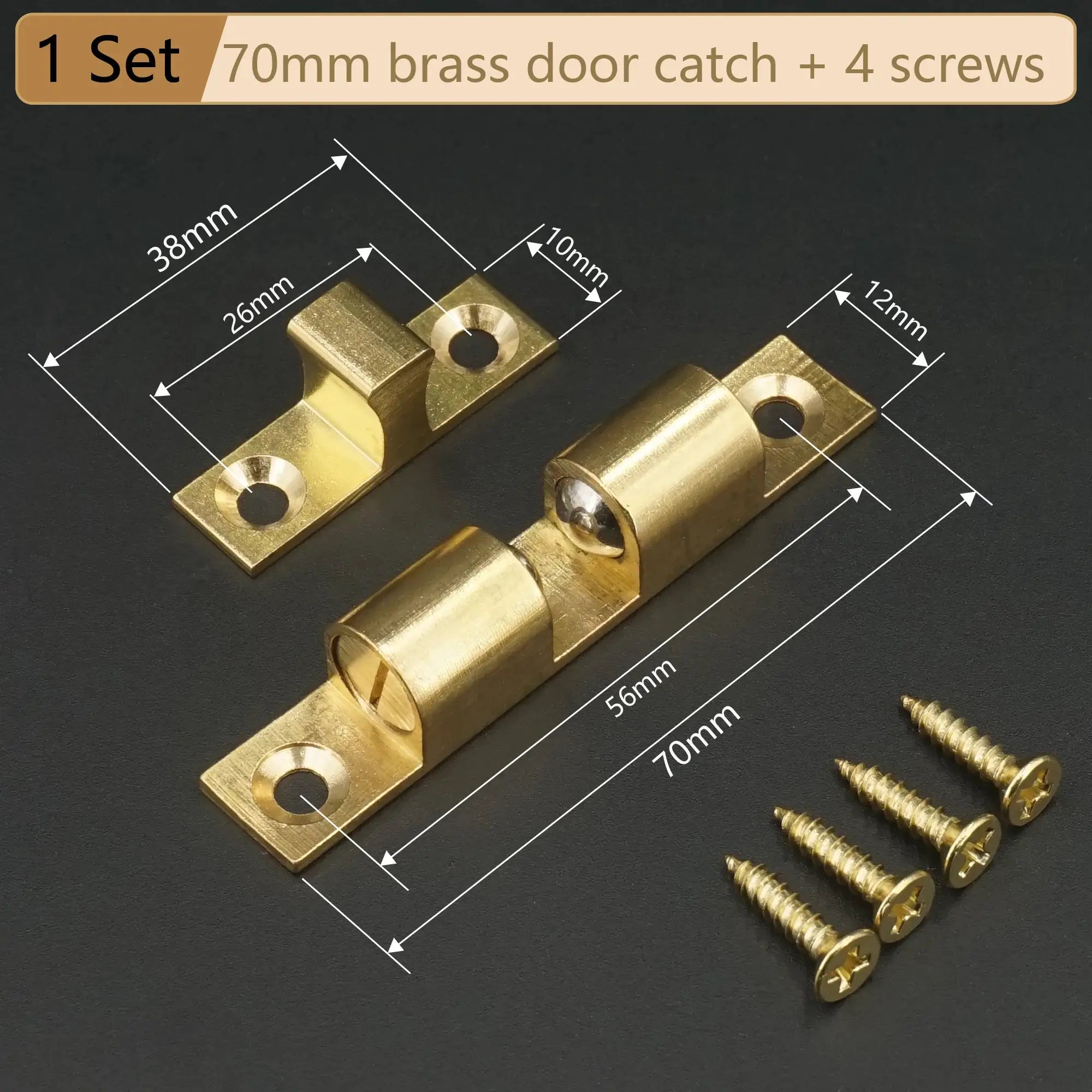 Cabinet door catches, solid brass with adjustable spring-ball latches and screws (40–70mm), 2-piece set