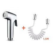 Chrome handheld bidet sprayer with flexible white 1.5m coiled hose, two-piece bathroom accessory kit.