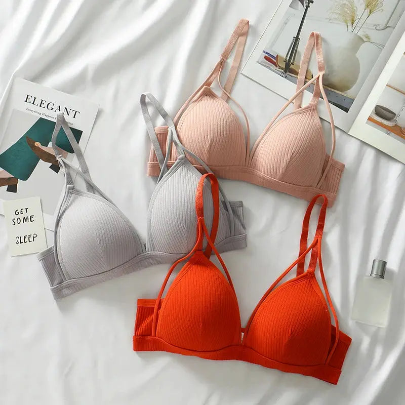Simples Market women's wire-free bralette set, three triangle-cup bras in gray, peach, and orange with ribbed fabric