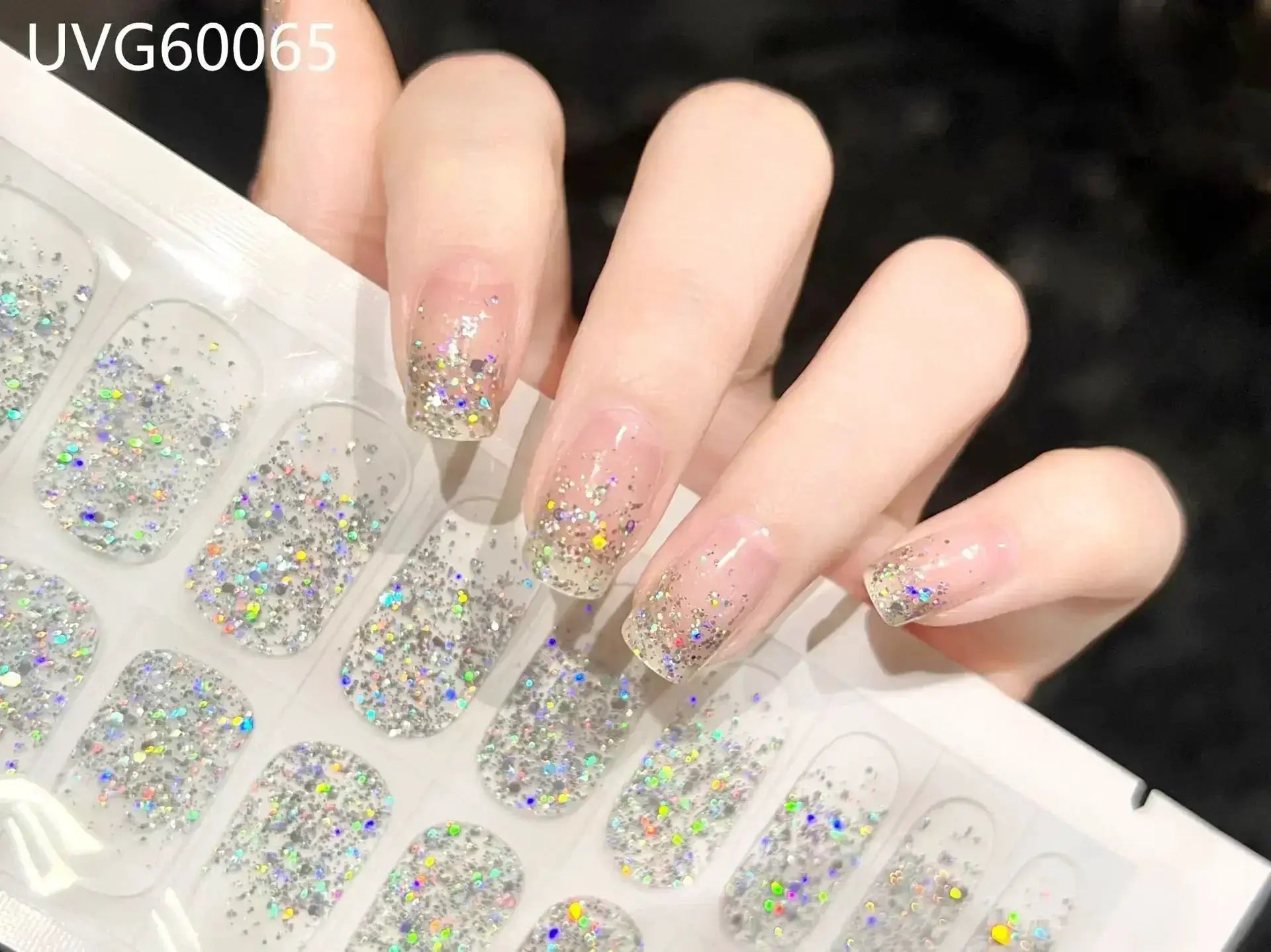 Gel nail wrap set by Simples Market; clear base with holographic glitter for full-cover manicure, UV lamp required