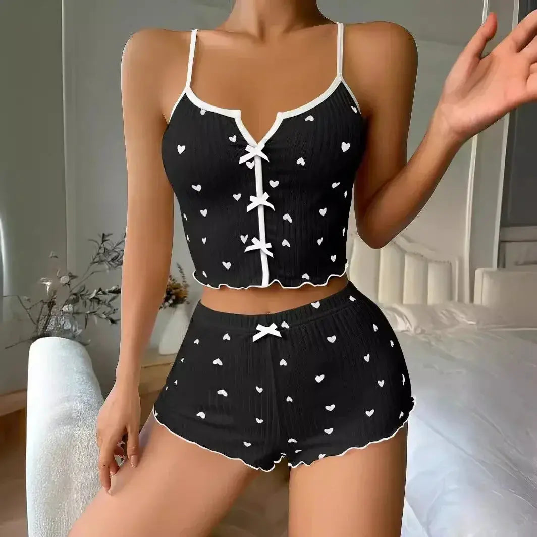 DreamEase Sleepwear Women Pajamas Set Heart Print Ribbed Fabric Cami Top And Shorts Soft Ribbed Comfort