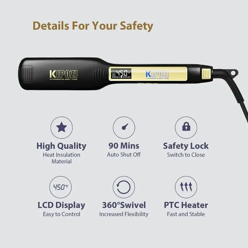 KIPOZI titanium flat iron with digital LCD display, black with gold panel, dual voltage