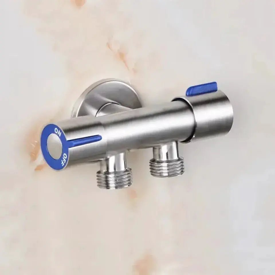 Stainless steel angle valve with 1 inlet and 2 outlets, dual blue-handled controls, wall-mounted
