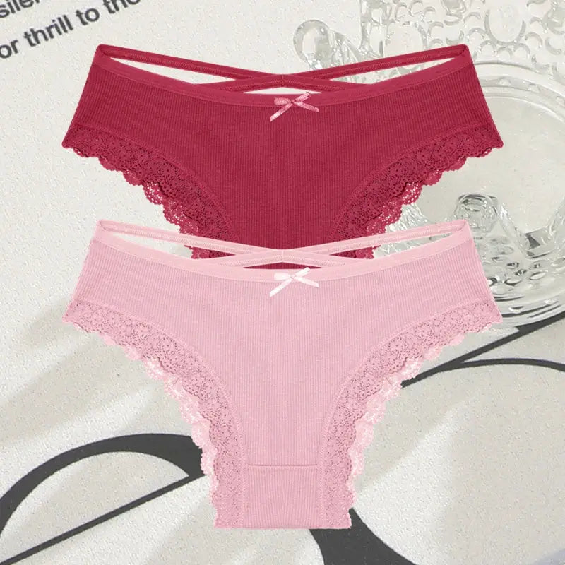 2Pcs cotton panties for women, lace Brazilian briefs in red and pink, low-rise breathable