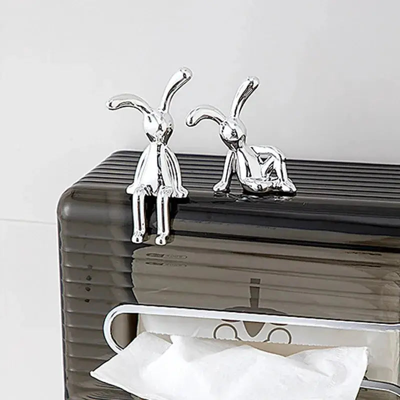 2 Piece Long Eared Rabbit Statues Set Cartoon Silver Electroplated Desktop Ornament for Home Living Room Car Decor