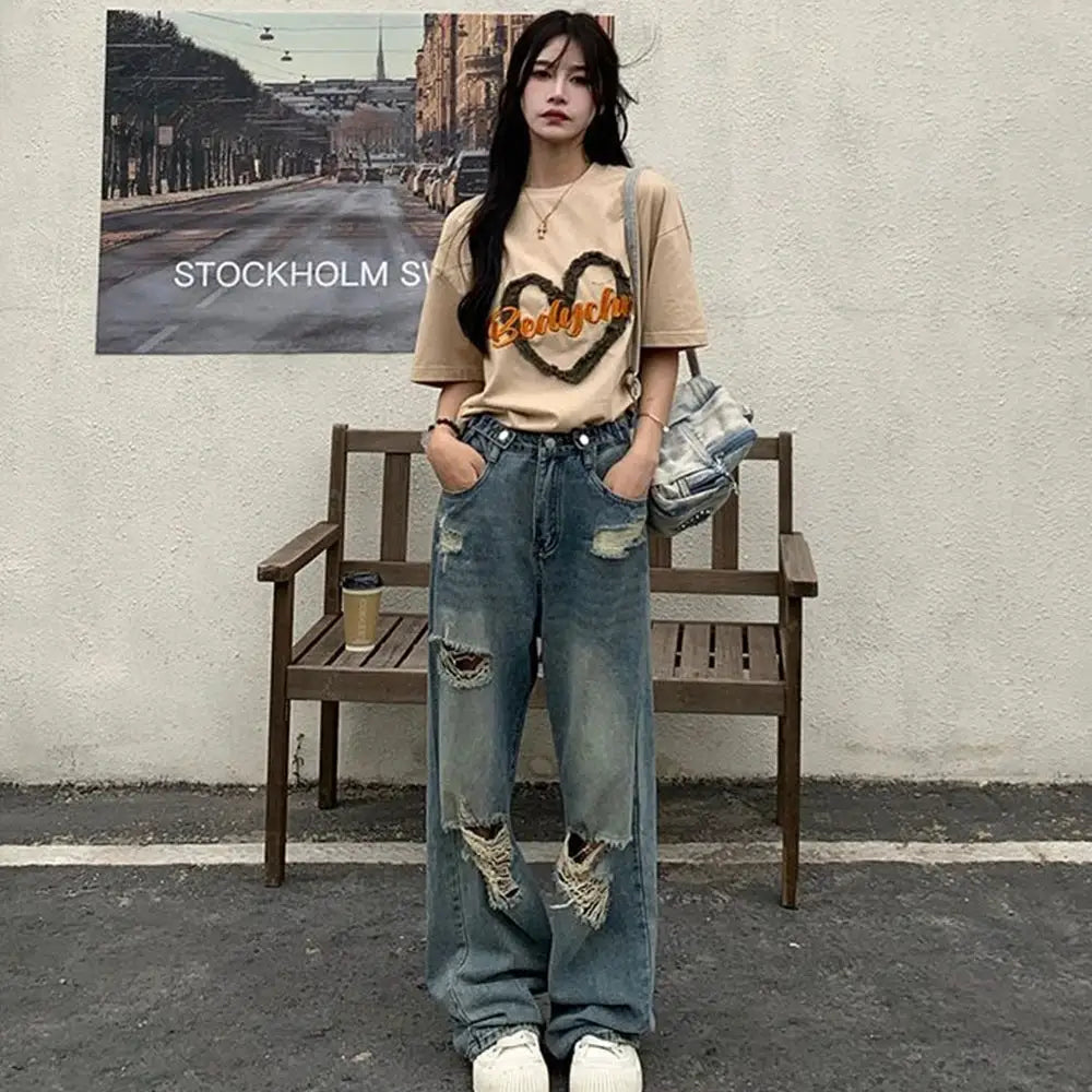 American Retro Hole Punched Jeans Women High Waist Wide Leg Pants