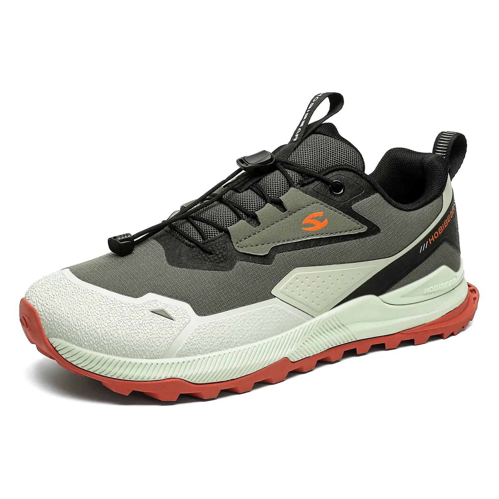 HOBIBEAR hiking shoes, gray/olive with black mesh, elastic laces and toggle, orange logo, rugged outsole