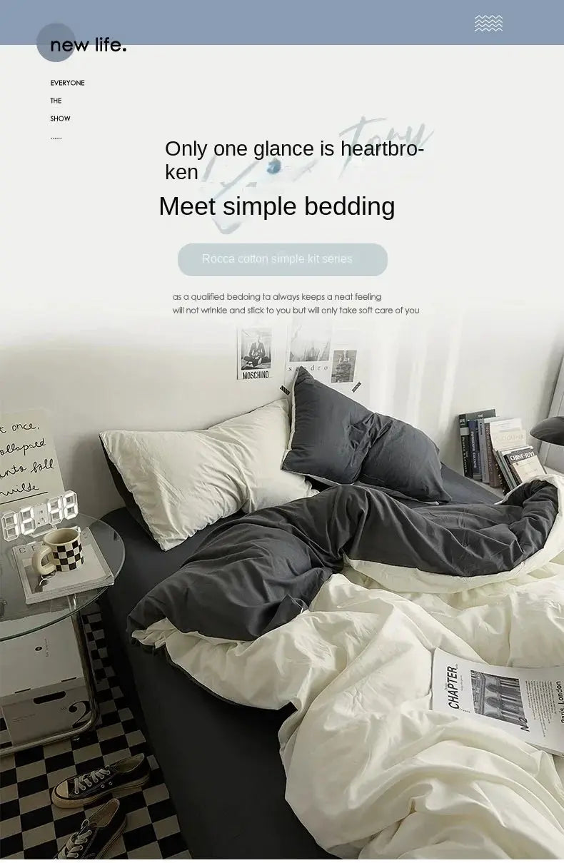Simples Market 4-piece gray and white cotton dorm bedding set for student beds