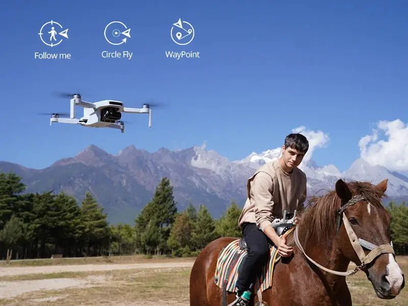 Potensic drone under 249g in flight with Waypoint and Follow Me icons; white quadcopter above horseback rider.