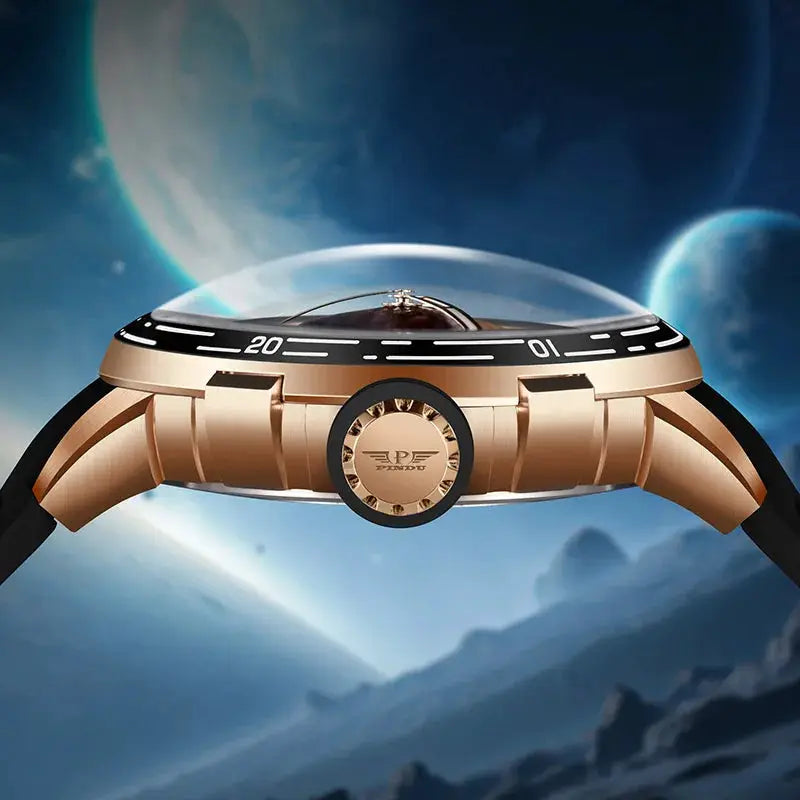 PINDU Planet Series watch, gold-tone case with black silicone strap and curved glass