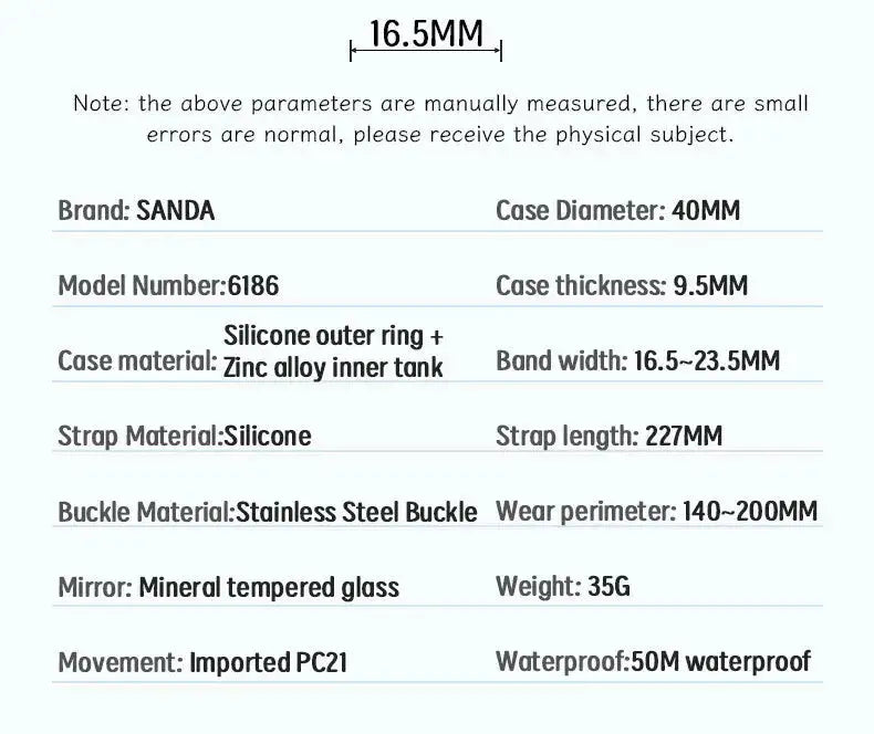 SANDA 6186 quartz wristwatch with silicone strap, 40mm case, 50m waterproof, stainless steel buckle