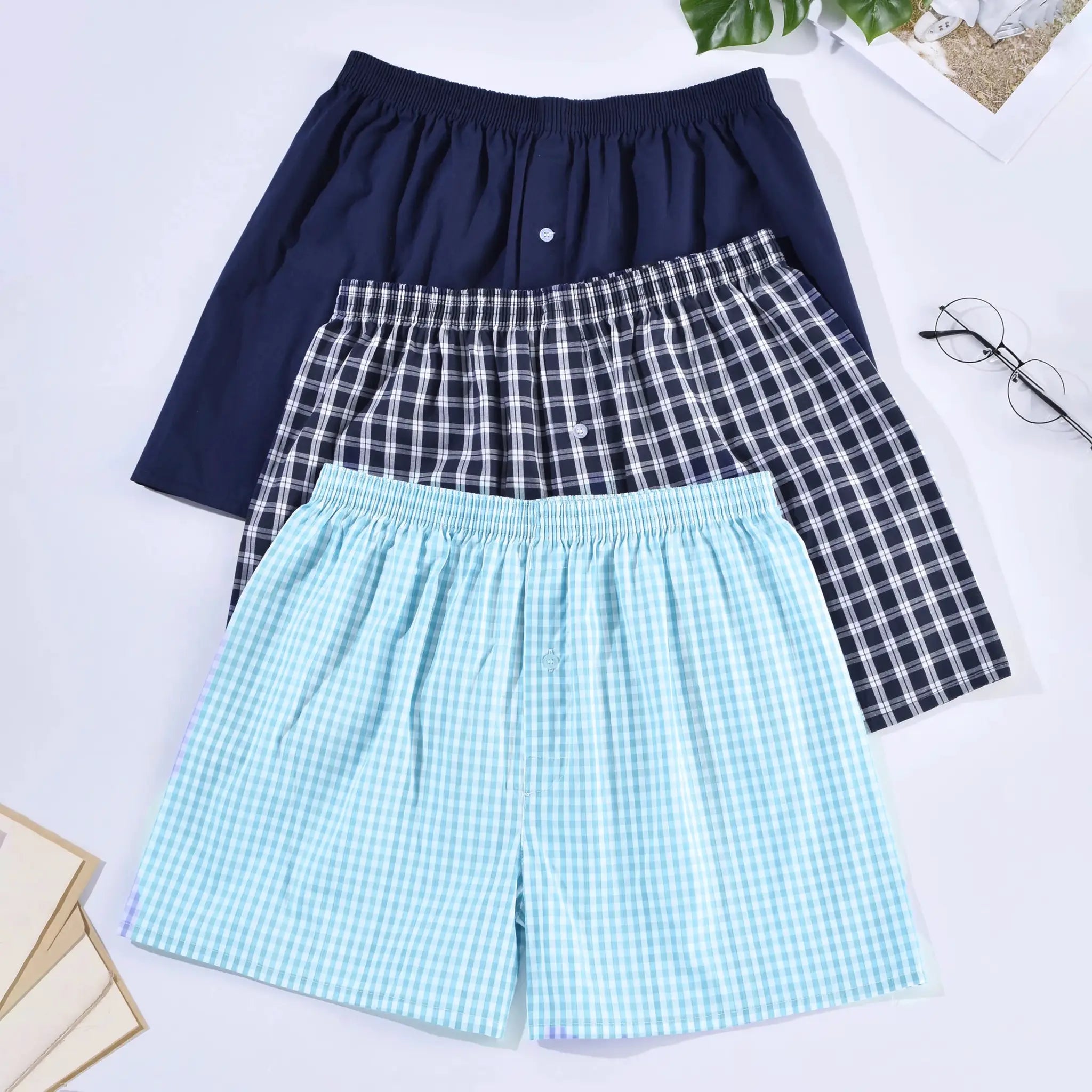 Men's boxer shorts trio: navy solid, navy plaid and light blue gingham cotton casual underwear by Simples Market