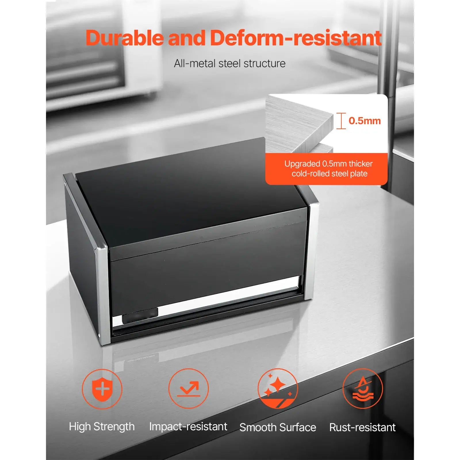 Simples Market 3-drawer metal tool box, black powder-coated steel with silver trim and feet pads