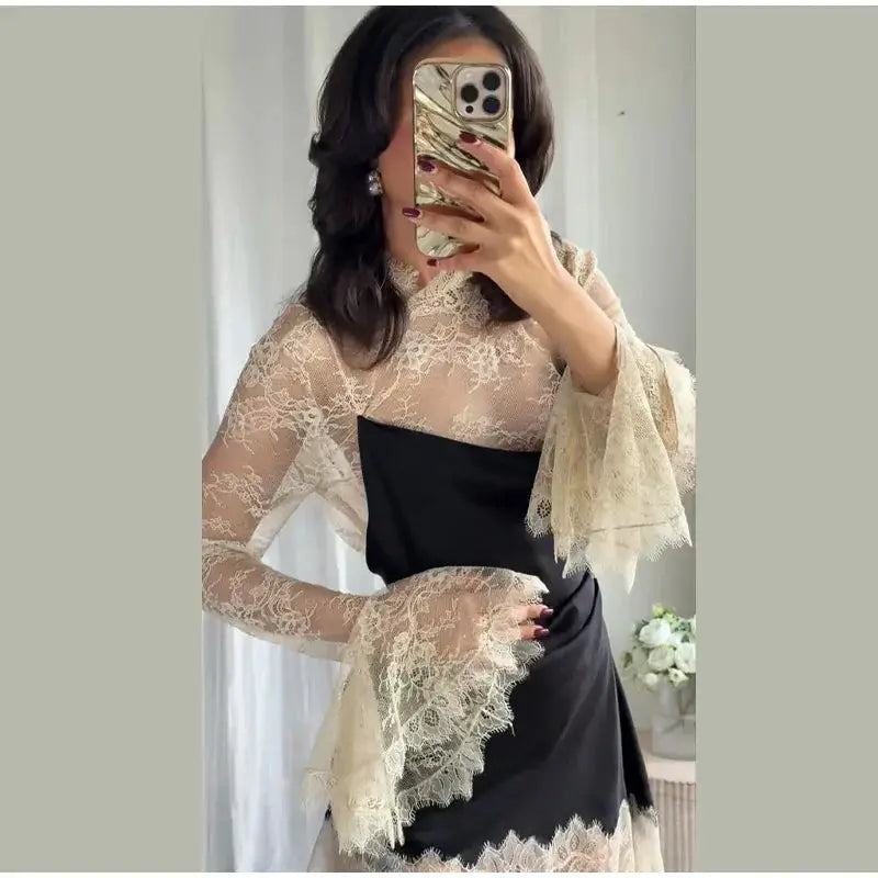 Elegant Satin Dress With Lace Trim For Women High Neck Color Block Y2K