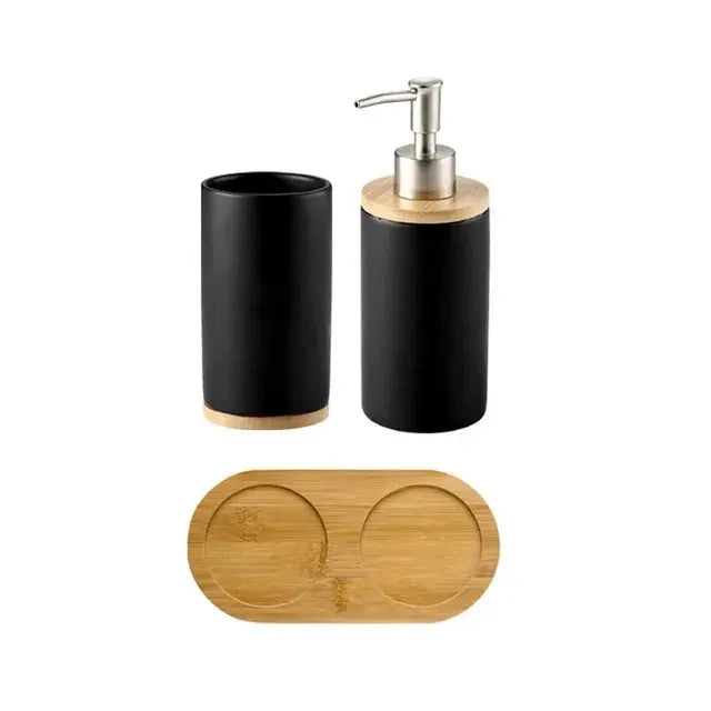 Simples Market ceramic bathroom set: black dispenser and tumbler with bamboo accents plus bamboo tray (3-piece)
