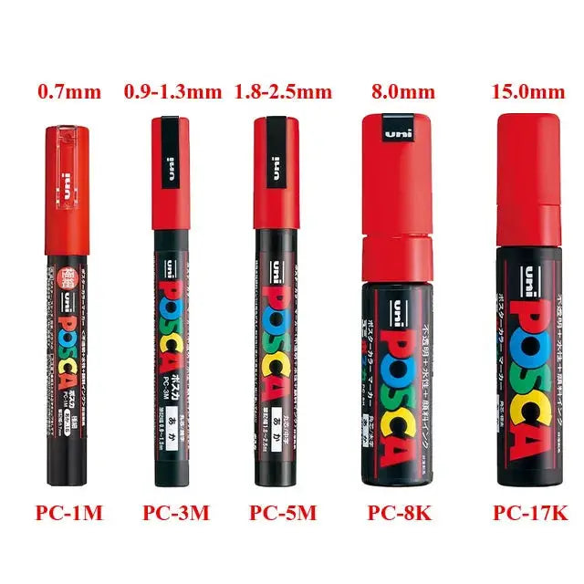 Five Uni Posca paint marker pens (PC-1M, PC-3M, PC-5M, PC-8K, PC-17K) in original vinyl pen case