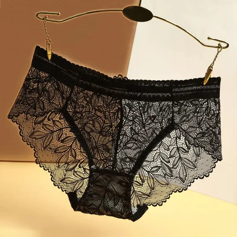 Women's black lace panties, low-rise briefs with floral geometric lace pattern