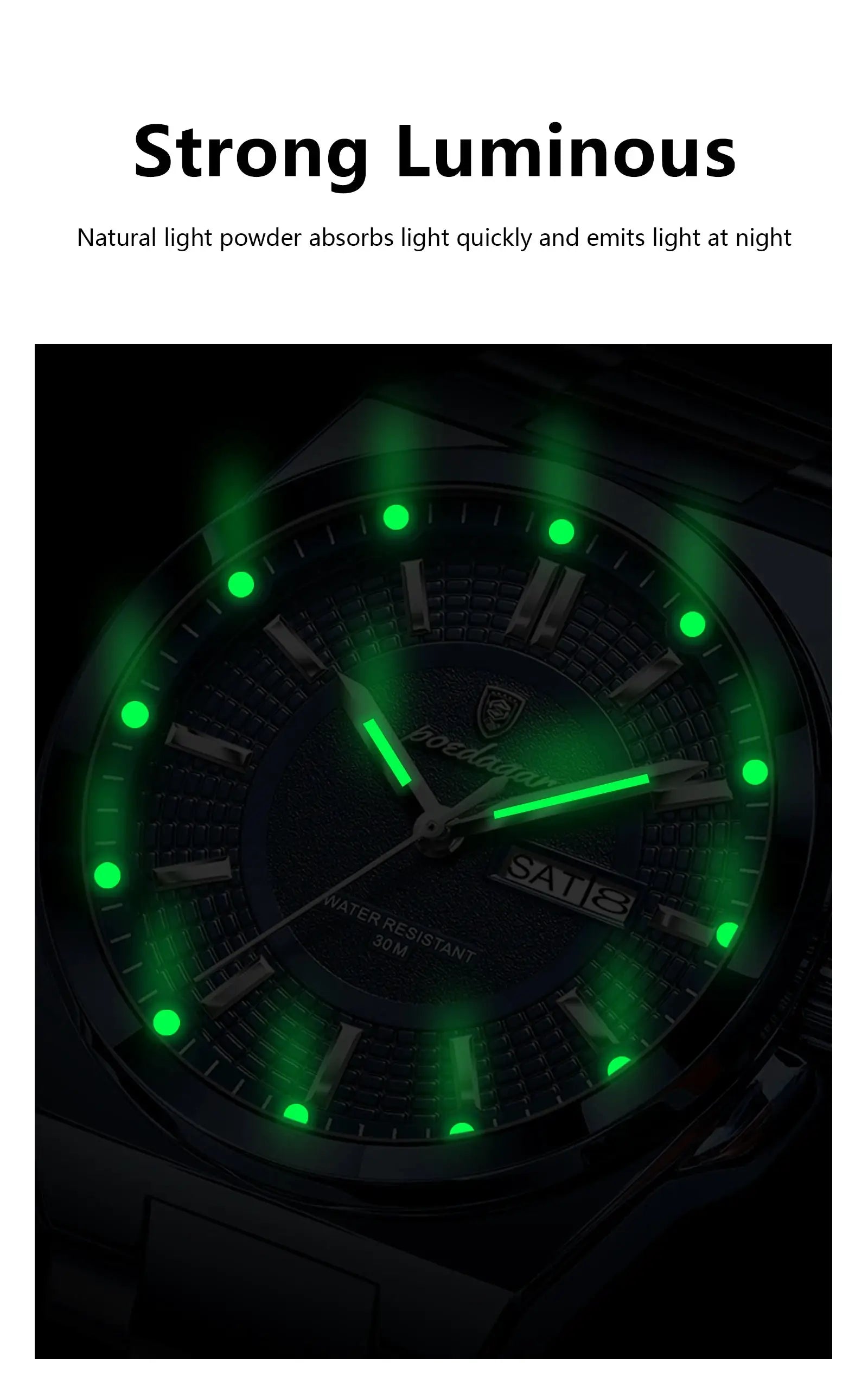 POEDAGAR sport men's quartz wristwatch with green luminous dial, stainless steel case, date and day indicator, 30m water resistant
